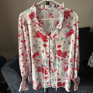 Floral Ruffle Blouse - Red and White